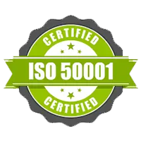 A green and white certified iso 5 0 0 0 1 seal.