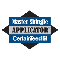 A black and white photo of the master shingle applicator logo.