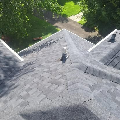 A cat is sitting on the roof of a house.