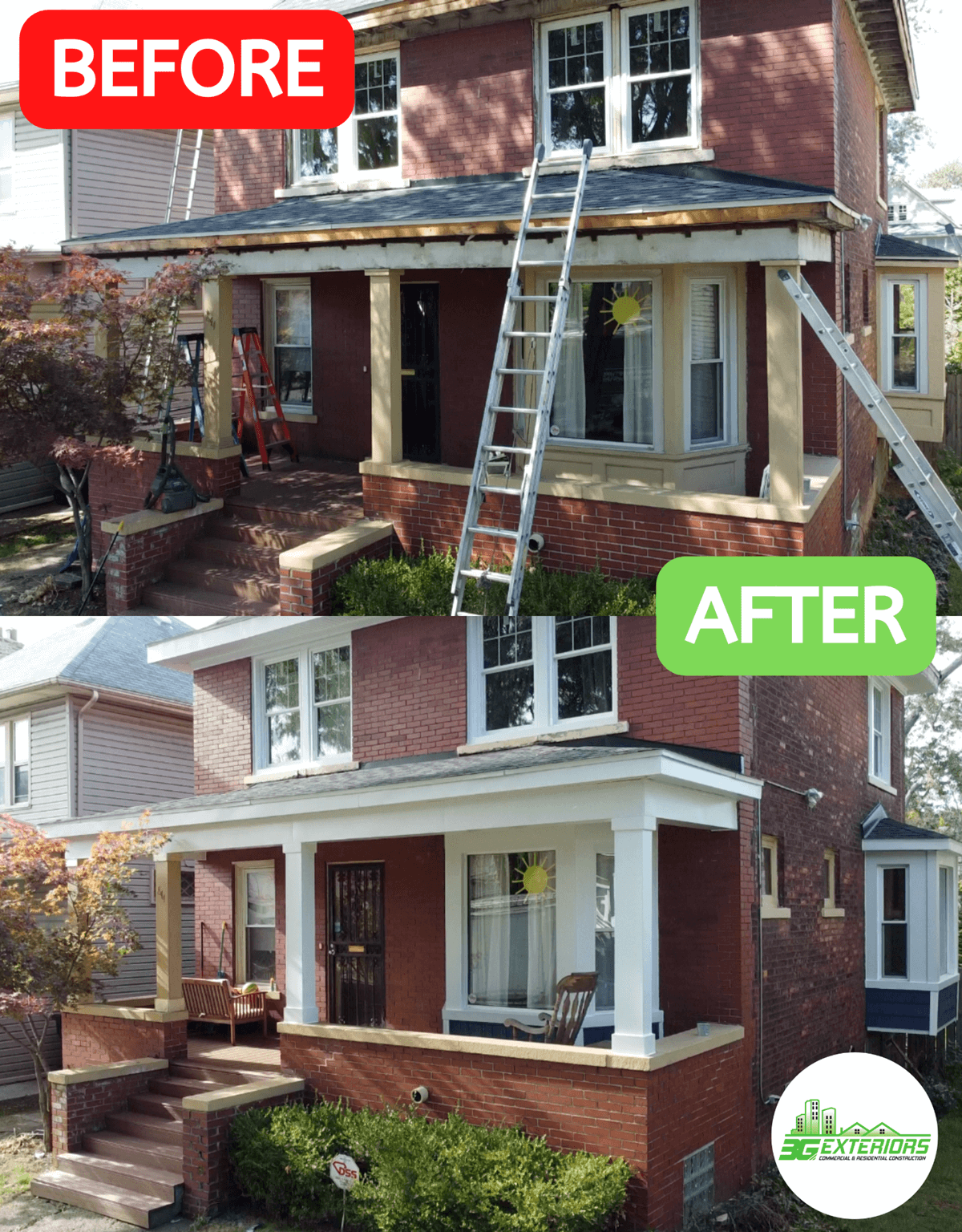 A before and after picture of the exterior of a house.