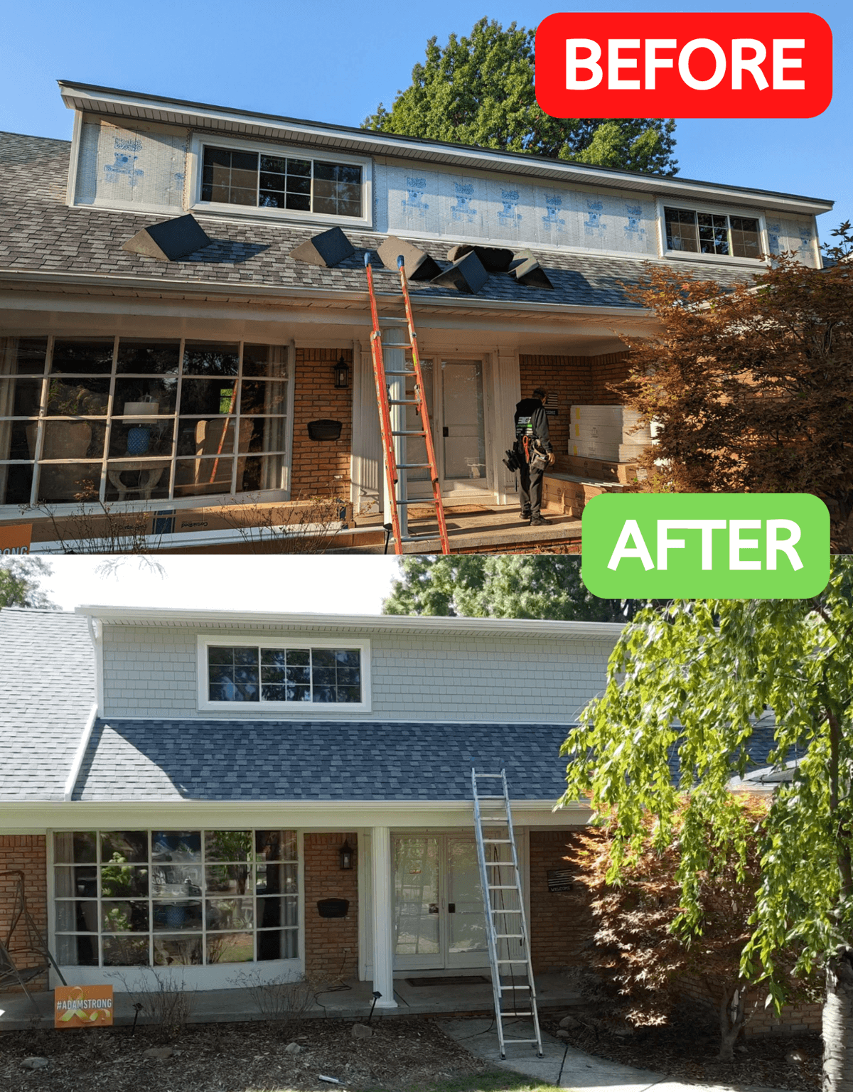 A before and after picture of the exterior of a house.