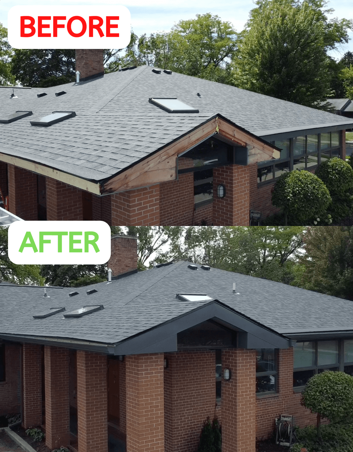 A before and after picture of the roof of a house.