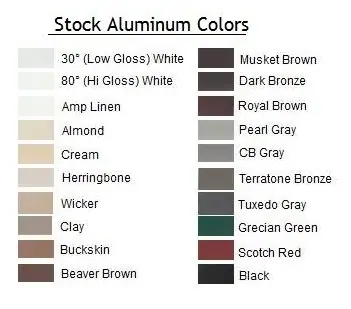 A color chart of aluminum siding colors.