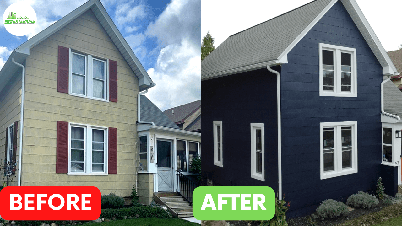 A before and after picture of the exterior of a house.