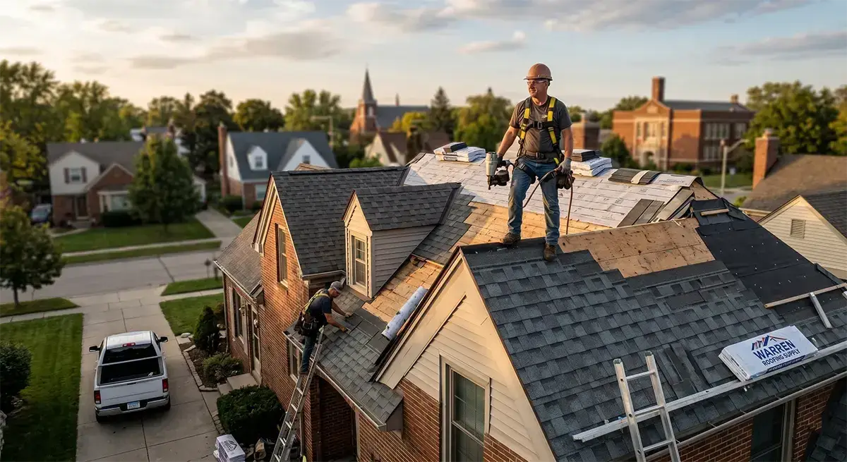 3G Home Exteriors crew installing new shingle roof on residential home in Utica Michigan