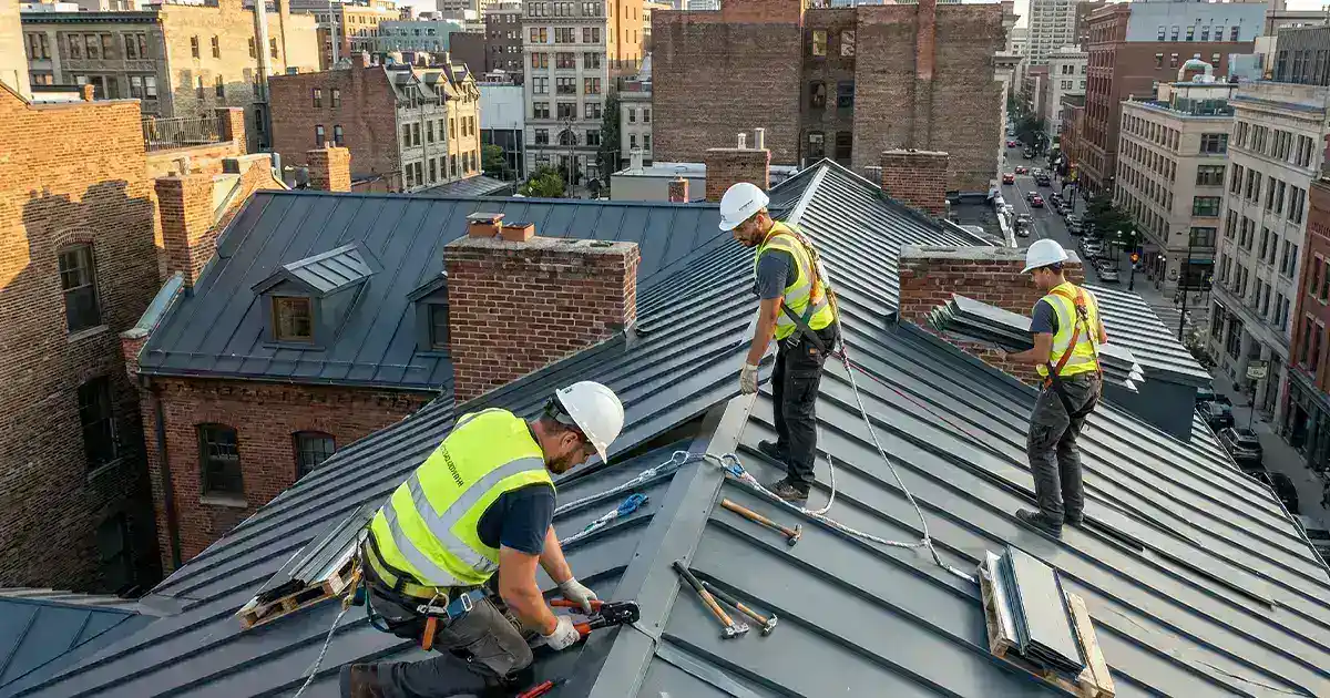 Commercial roofing team from 3G Home Exteriors working in Novi MI