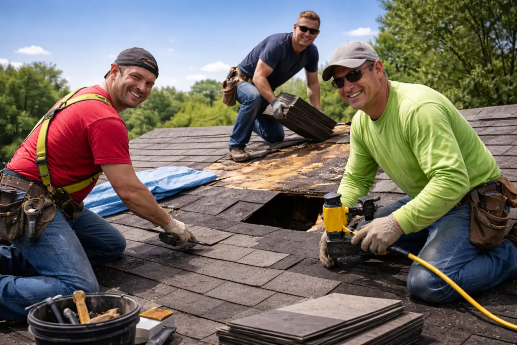 Roof repair crew from 3G Home Exteriors working on a leaking roof in Sterling Heights Michigan