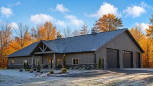 Standing seam metal roof installation on a Michigan pole barn by 3G Home Exteriors, showing premium Galvalume panels with snow shedding capability