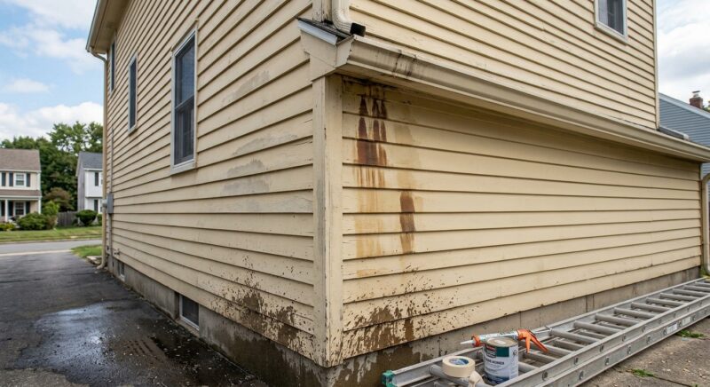 Gutter and water stain review before exterior painting in Fraser Michigan