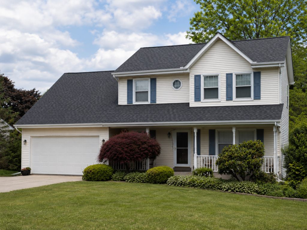 After complete roofing project showing uniform shingles and coordinated roof edge details
