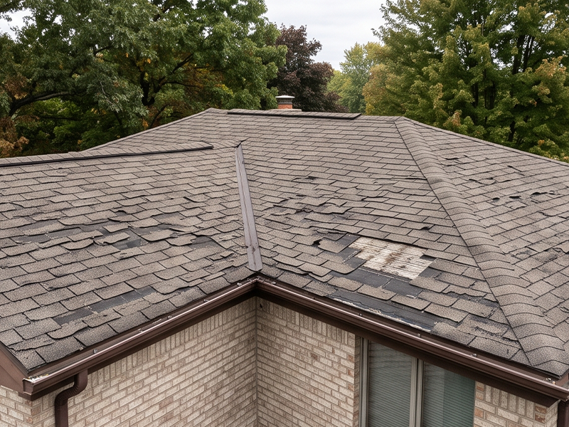 Before residential roof replacement showing worn and lifted asphalt shingles