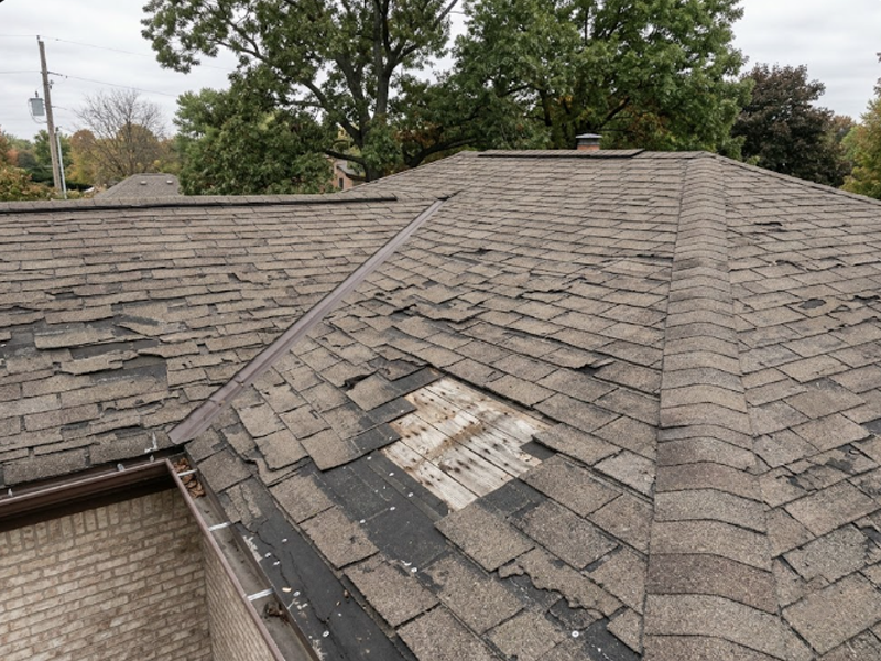Before storm damage repair showing wind lifted and missing roof shingles