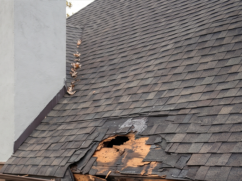 Before storm repair showing roof damage caused by fallen debris