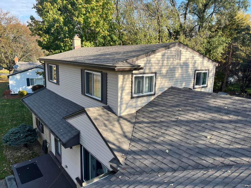 Completed home roof replacement gray shingles