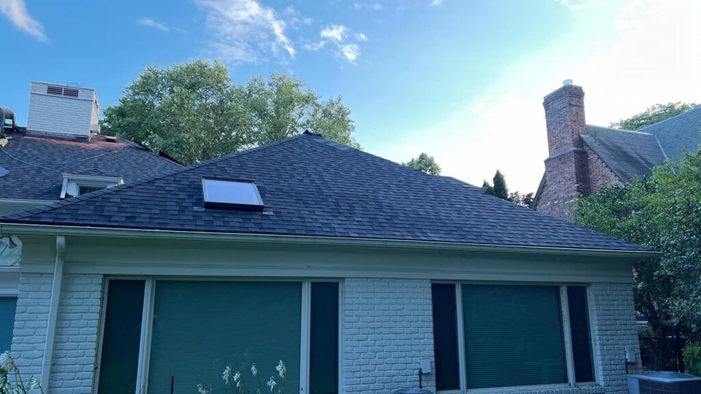 New dark blue gray roof on garage