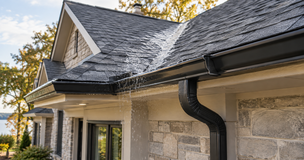 Water overflowing at a roof valley into a black gutter on a Michigan home