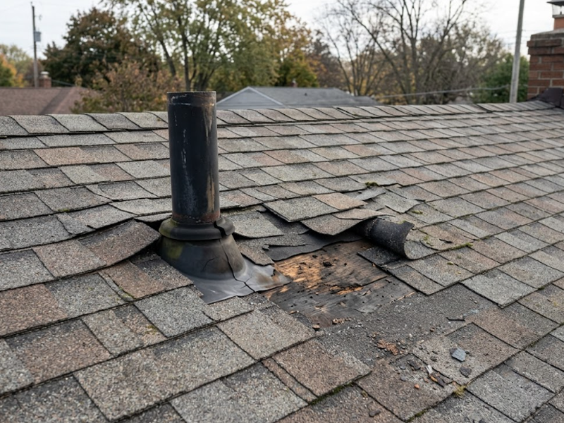 Before roof repair showing wind lifted and missing asphalt shingles