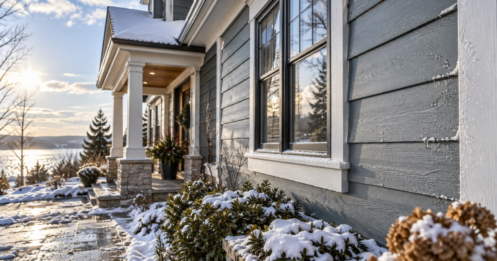 James Hardie fiber cement siding on a Michigan home during winter freeze-thaw conditions