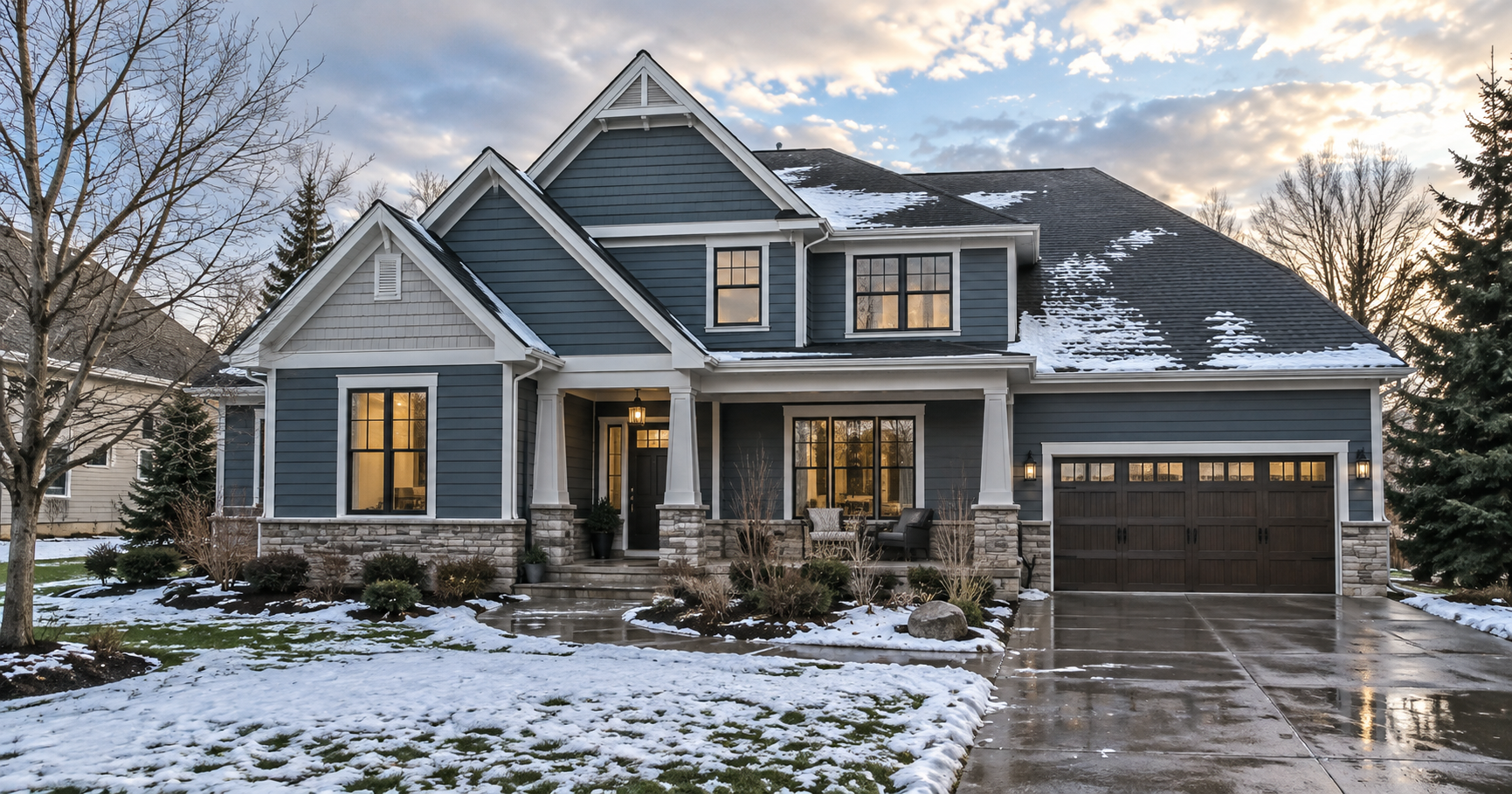 Michigan house with James Hardie fiber cement siding during winter with snow and thawing conditions