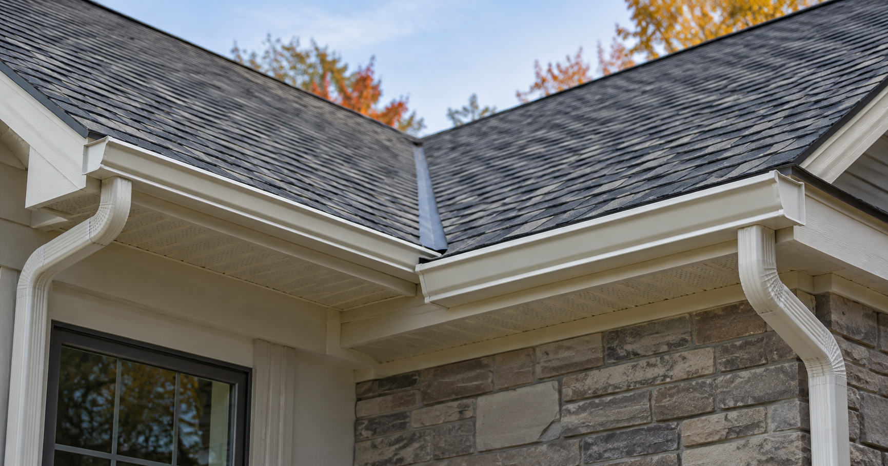 White gutter system installed along a steep residential roofline with intersecting roof planes