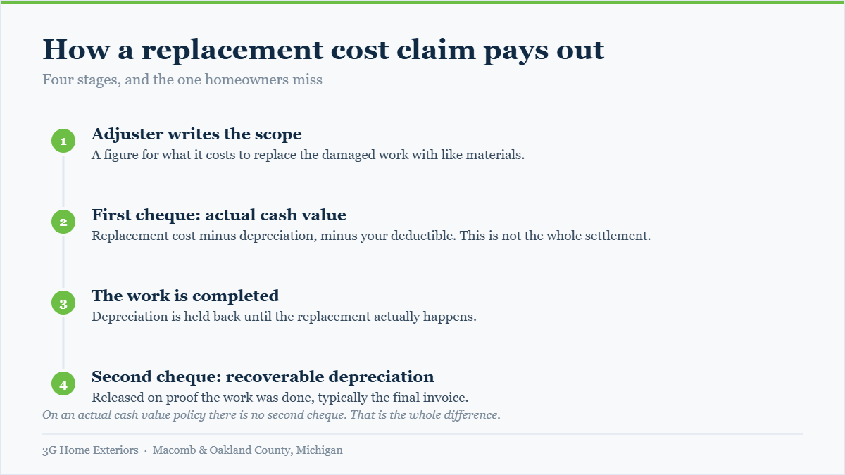 Four stage diagram showing how a replacement cost value insurance claim pays out in two cheques with recoverable depreciation