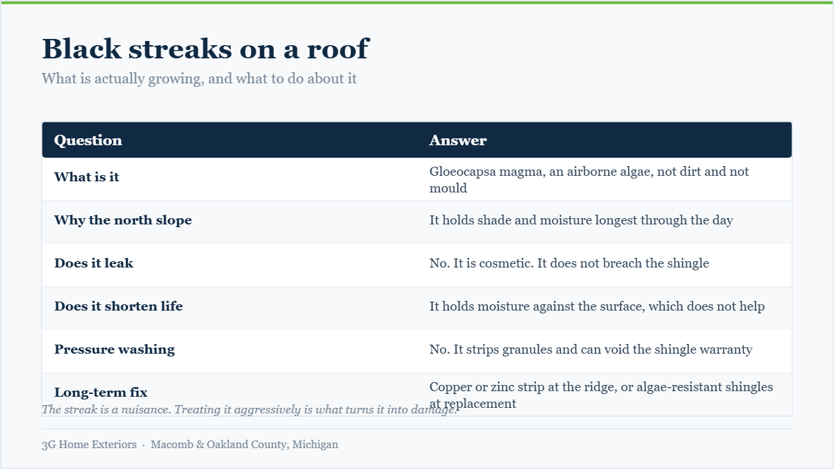 Table explaining what causes black algae streaks on a roof, why they appear on north-facing slopes, and how to treat them safely