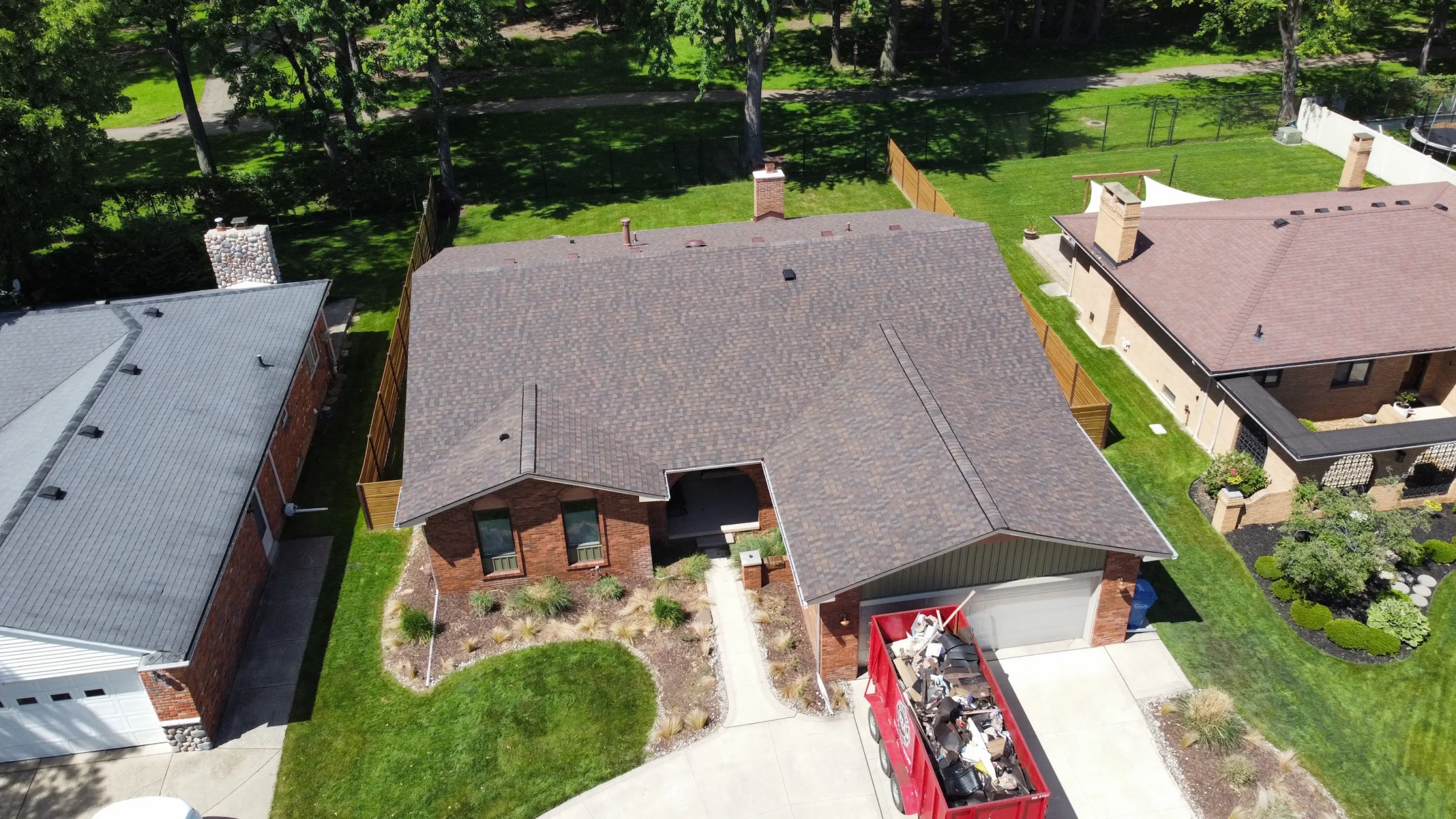 Drone view of residential roof replacement in Michigan