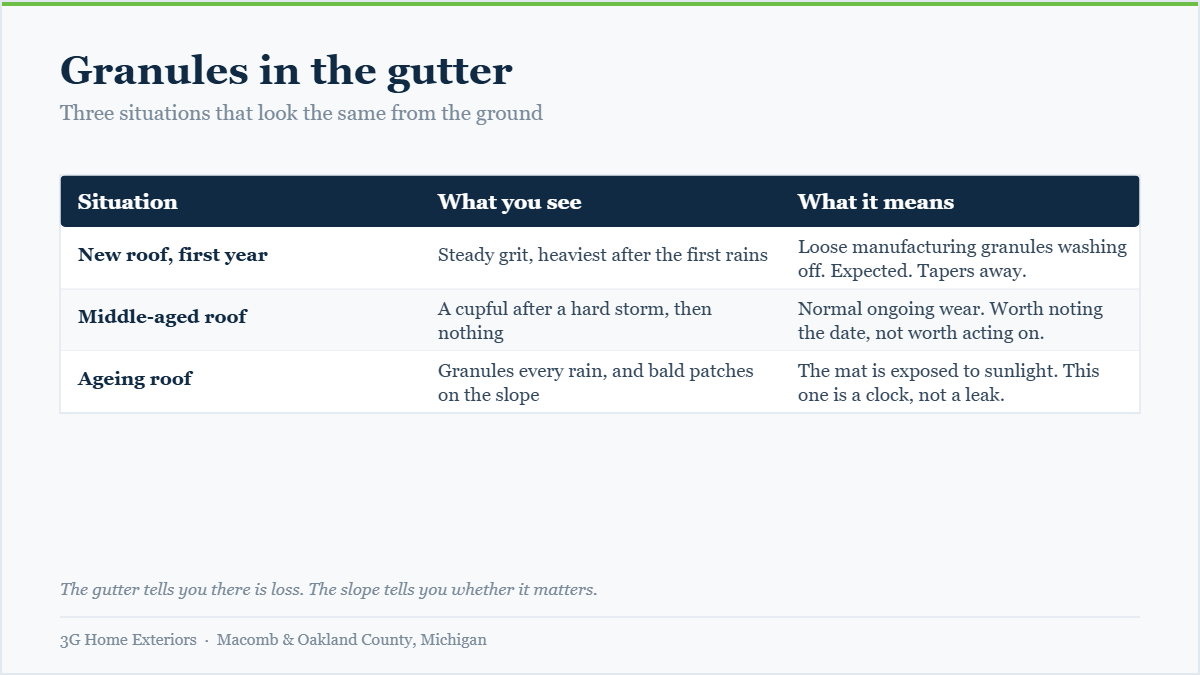 Table comparing granule loss on a new roof, a middle-aged roof and an ageing roof and what each means