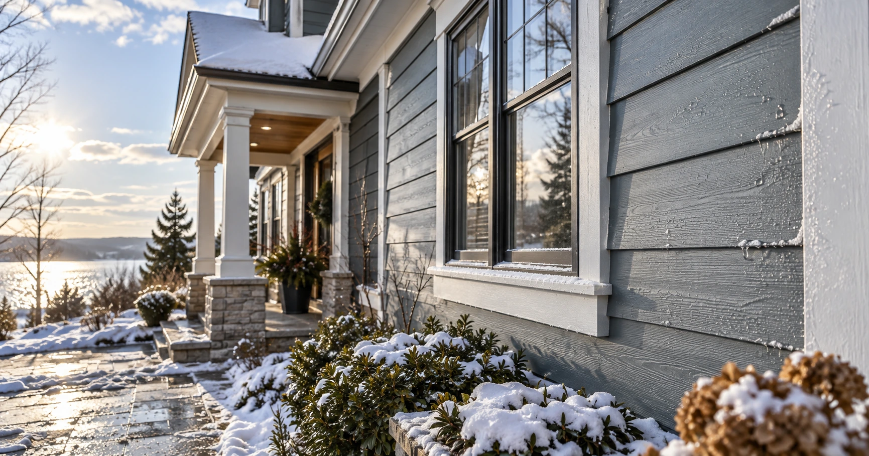 James Hardie fiber cement siding on a Michigan home during winter freeze-thaw conditions