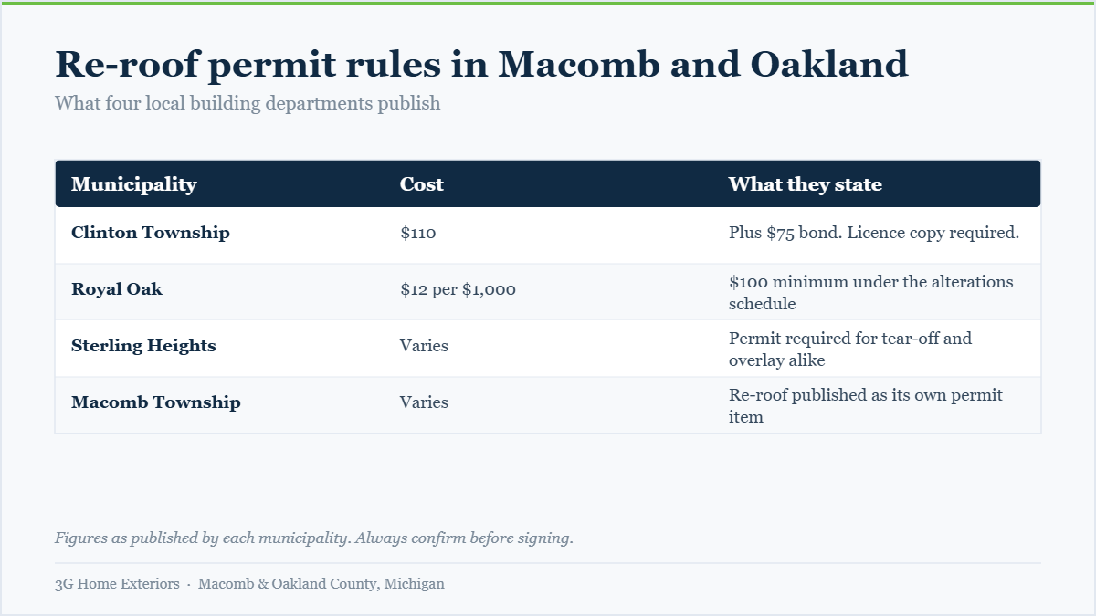 Table comparing re-roof permit costs and rules in Clinton Township, Royal Oak, Sterling Heights and Macomb Township