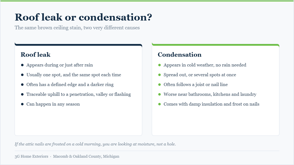 Comparison chart showing how a roof leak stain differs from a condensation stain on a ceiling