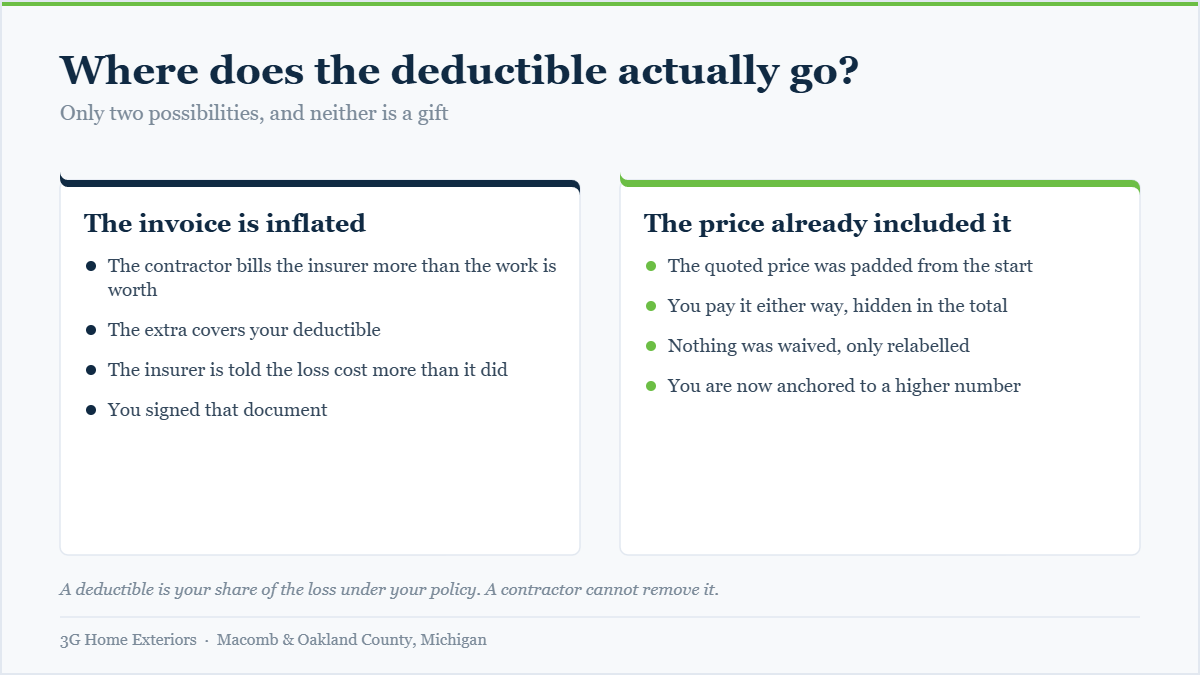 Chart showing the two possible outcomes when a roofing contractor offers to waive an insurance deductible