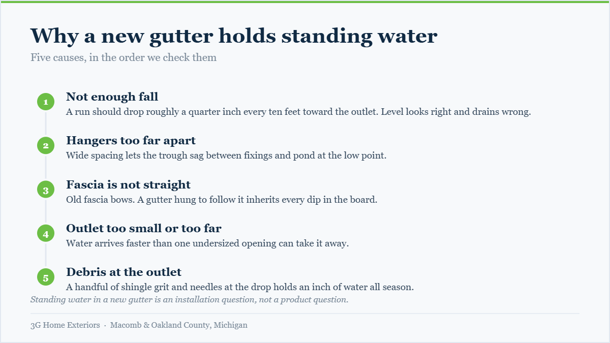 Diagram listing five causes of standing water in a newly installed gutter, in the order a contractor checks them